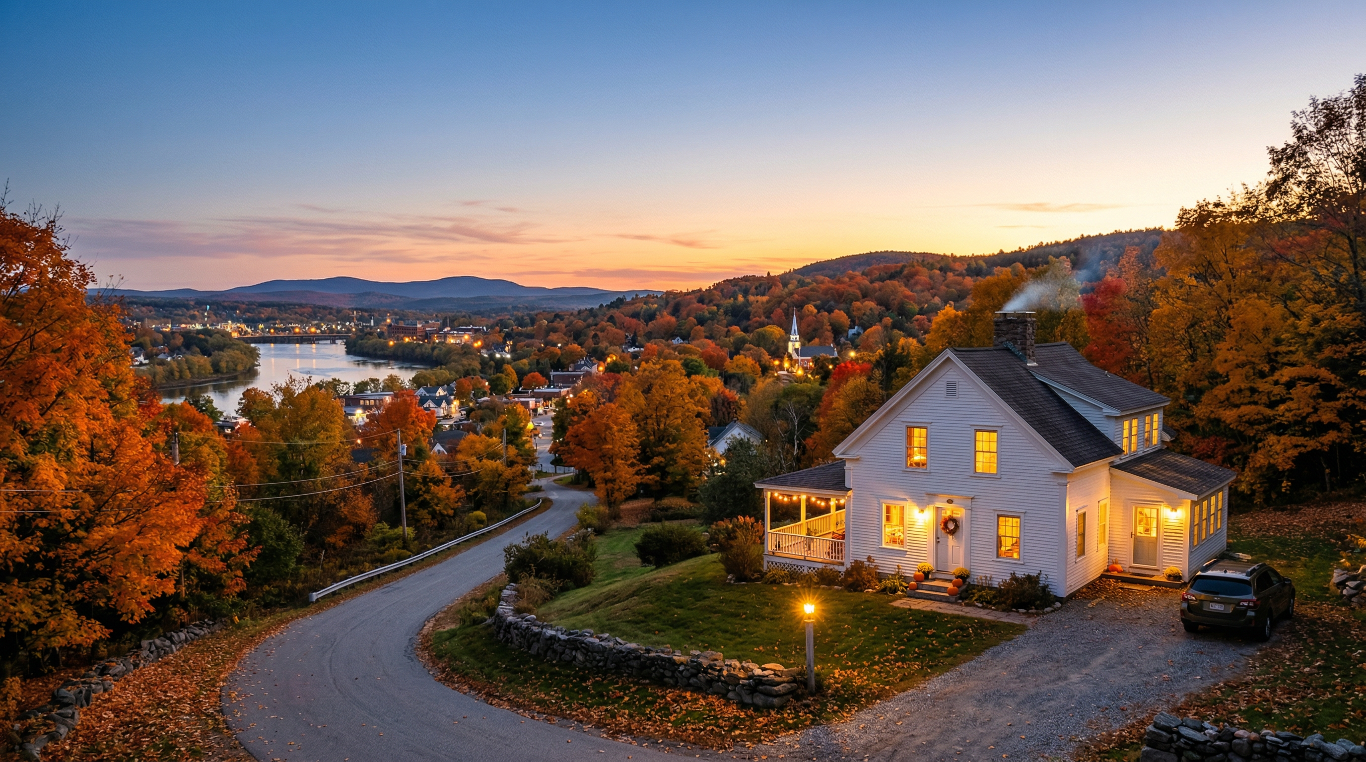 Beautiful New England home in autumn with warm lights, surrounded by Maine fall foliage