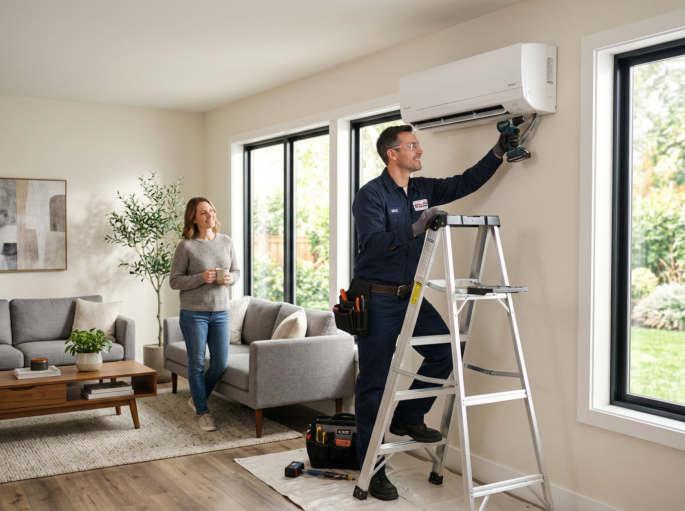 Airotherm technician installing a ductless mini-split system in a customer's home